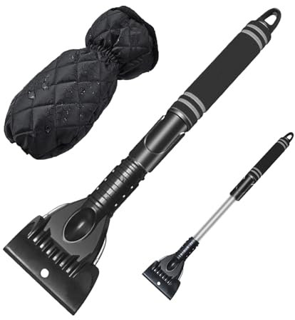 JOLIGAEA Rascadores de Hielo para Coche, 2 en 1 Rascador Hielo Parabrisas con Guante, Ajustable (42-56 cm) con Mango Antideslizante para Coche, Coche, Camión y SUV, Herramienta de Descongelación