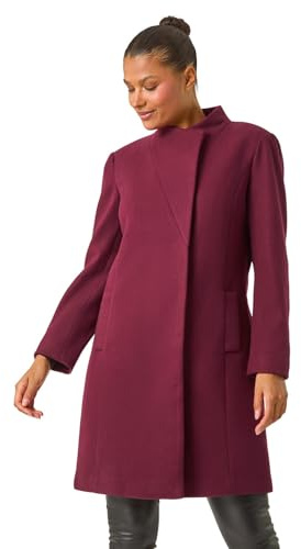 Roman Originals Tailored Funnel Neck Pocket Detail Coat for Women UK - Ladies Everyday Autumn Winter Comfy Soft Evening Vacation Work Party Night Out - Bordeaux - Size 16