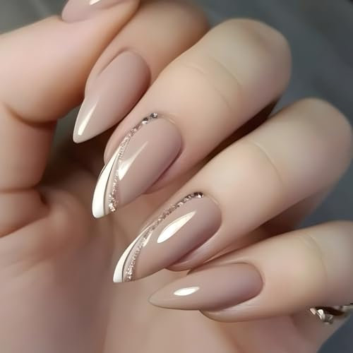 Long False Nails French Tip,24PCS Nude Rose Gradient False Nails,Acrylic Full Cover Fake Nails with Jelly Glue for Women Girls (Nude French, One Size)