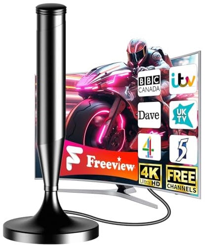 TV Aerial Indoor - Freeview HD Digital TV Antenna with 360+ Miles Range, Magnetic Base for Easy Installation, 4K 1080P HDTV Smart TV Compatible, 16.4ft Coaxial Cable for Crysta Reception