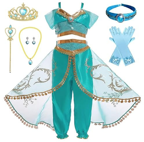 Monissy Kostüme für Kinder Prinzessin Jasmin Kleid Mädchen Aladdin Set mit Perücke Stirnband Weihnachten Karneval 2-8 Jahre Verkleidung Geburtstag Fasching Halloween Pailletten,Grün 2,130