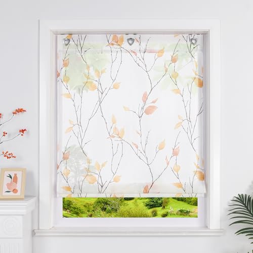 Heichkell Raffrollos ohne Bohren Transparente Raffgardine Gardine mit Blätter Druck Elegant Rollo mit Ösen Orange BxH 100x140 cm