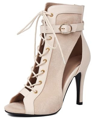 Uonpie Stivali da Ballo Latino Donna con Punta Aperta Tacco Alto Beige Scarpe da Ballo Salsa con Lacci Scarpe Heels Dance,37.5EU