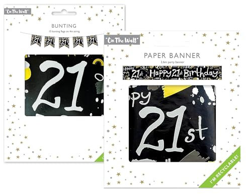 On The Wall Banner und Wimpelkette Happy 21st Birthday, 2,6 m langes Recyclingpapier Banner mit 4 Meter Schnur und 10 Flaggen, fertig zum Aufhängen, Dekorationen für Decken, Wände und Tischfronten