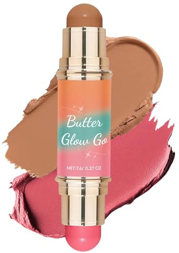 Multi-Purpose Blush Stick Dual-Ended,Butter Glow Contour Stick Wand Creamy Blendable Makeup for Face, Lightweight Formula Soft Matte Finish Nourishing Blush and Bronzer Combo