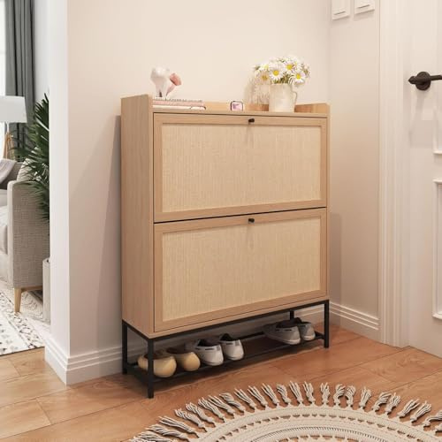 GuannCraft Schuhschrank, mit 2 Klappenschubladen, schmaler Schuhschrank mit modernen schmalen Ablagefächern,80 x 23,5 x 100 cm geeignet für Flure und Eingangsbereiche