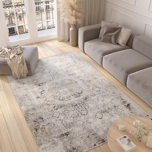 TAPISO Valley Teppich Kurzflor Vintage Ethno Hellgrau Ornament 120 x 180 cm | Meliert Verwischt Used Effekt Wohnzimmer Schlafzimmer OEKO-TEX