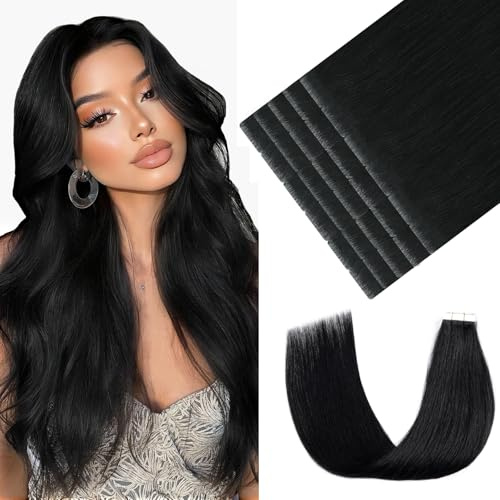Youngsmile Tape in Extensions Echthaar, #1 Tief schwarz 35cm 20 Stück 30g | Invisible Edge Injected Tape in Injected Echthaar, gerade Remy Virgin Haarband ins, Haarverlängerung Echthaar