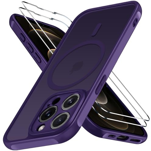 iVoler Cover Magnetica per iPhone 12 PRO Max 5G con 2 Pezzi Pellicola Vetro Temperato, [Compatibile con MagSafe] Custodia Traslucida Opaca Sottile Anti-Impronte MagSafe Case, Viola Profondo