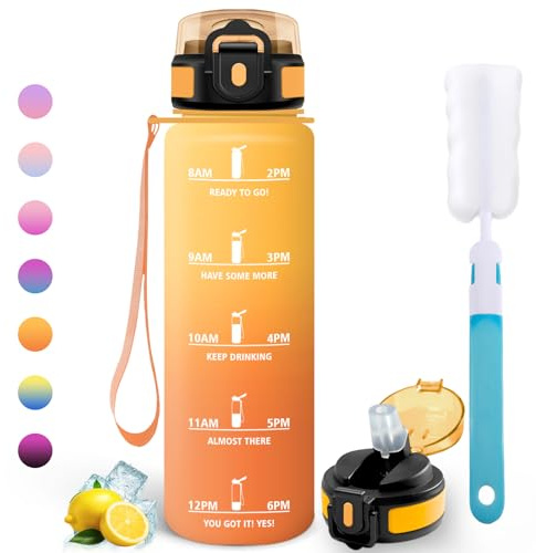 Motswedi Trinkflasche 1l, Auslaufsicher, Wasserflasche mit Zeitmarkierung, Trinkflasche mit Strohhalm, Sportflasche 6 Strohhalme und 1 Strohhalmbürste für Fitness, Wandern, Bernstein Gelb Orange