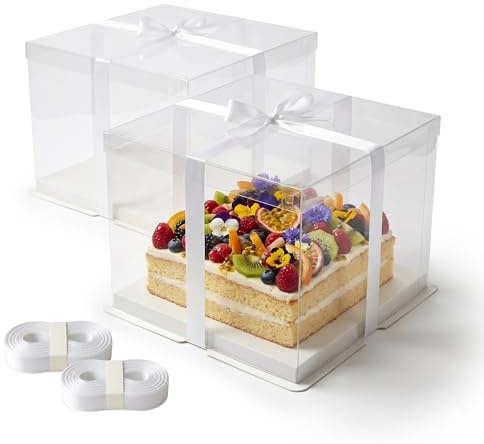 Relaxdays Tortenbox 2er Set, Deckel, Band & Sockel, transparent/weiß | HBT: 20x30x30 cm, Kuchenbox Hochzeit & Geschenk