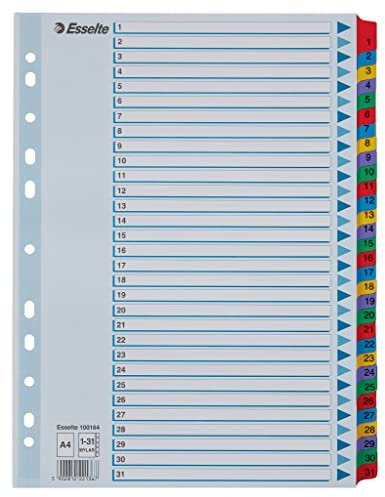 Esselte Register für A4, Deckblatt und 31 Trennblätter, Taben mit Zahlenaufdruck 1-31, Lochrand und Taben folienverstärkt (Mylar), Blau, Karton, 100164
