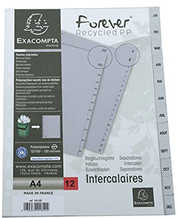 Exacompta 1812E Kunststoff-Register Januar - Dezember für DIN A4 aus recyceltem Kunststoff 12-teilig volle Höhe 21 x 29,7 cm grau mit bedruckten Taben Universallochung Blauer Engel Trennblätter