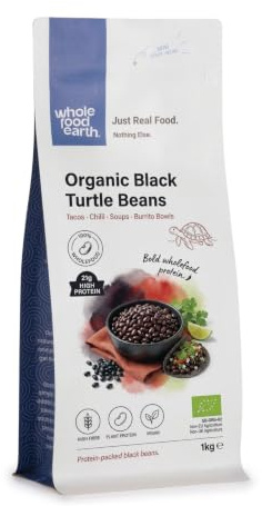 Wholefood Earth Organic Black Turtle Beans 1kg Raw | GMO Free | Vegan | High Fibre | High Protein | Certified Organic