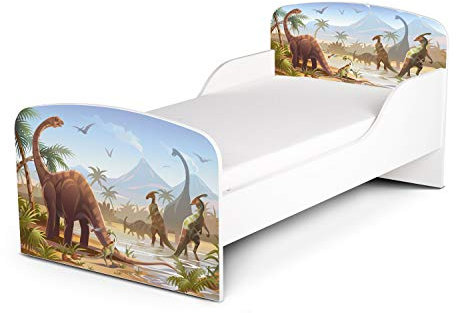 Leomark Kinderbett Funktionsbett Einzelbett mit Matratze Liegefläche 140x70 Sehr Einfache Montage Motiv: Dinosaurier Jurassic