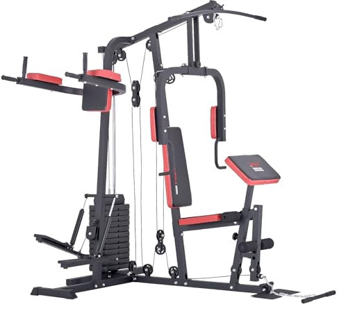 TrainHard® Kraftstation Multistation Fitnessstation Home Gym 65 kg Gewichten inkl. Dipstation, Beinhebe + Stepper
