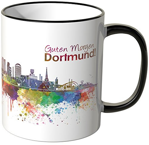 WANDKINGS® Tasse, Schriftzug Guten Morgen Dortmund! mit Skyline - Schwarz, Keramik, 0,3 l, Spülmaschinenfest