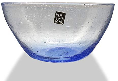 Maison Zoe Mira Plat en Verre - Bol Fait à la Main en Verre recyclé - Corbeille à Fruits/saladier - Verre Soufflé Bouche - Parfaite pour Salon/décoration intérieur - Couleur Bleu Ciel