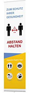 Roll-Up Bannerdisplay, 60 x 200 cm, mit CoVid-19-Motiv, 2 m Abstand und mit Warnhinweisen, Hygiene Corona-Schutz