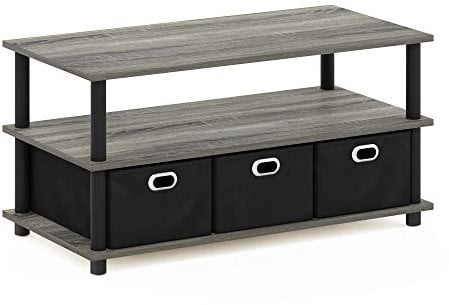 Furinno Frans Turn-N-Tube Coffee Table with Bin Drawers, French Oak Grey/Black/Black, 79.2 (W) x 40.1 (H) x 39.4 (D) cm
