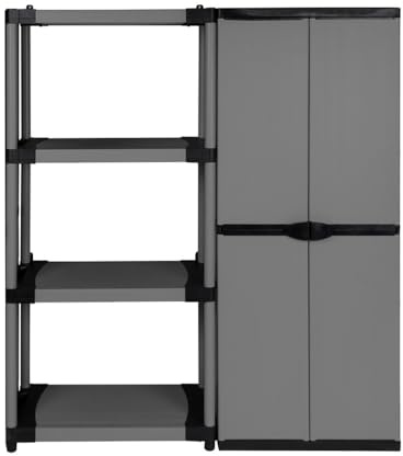 Kreher Schwerlastregal & Kunststoffschrank Spind XXL, grau, abschließbar | Regal 80 x 40 x 168 cm mit vier Böden bis 80 kg, dazu Schrankteil 68 x 39 x 168 cm mit schmalen Fächern für Sperriges