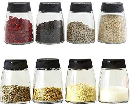 Glass Spice Jars, Double Lids Seasoning Shakers Glass Bottles Spice Shakers Sifter Barbecue Salt & Pepper Shaker Container (8PCS）