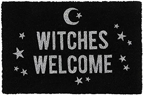 Enchanting Black Witches Welcome Coir Doormat - 1.5cm x 60cm (1 Pc.) - Surrounded By A Crescent Moon & Stars Doormat Design - Perfect for Halloween & Everyday Charm