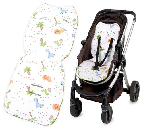 Sitzauflage Buggy Einlage Kinderwagen Zubehör - Sitzunterlage Auto Kindersitz Sitzpolster für Babyschale Fahrradanhänger Baby Sitzauflagen und Unterlage 75x35 cm Minky Grün Dinosaurier