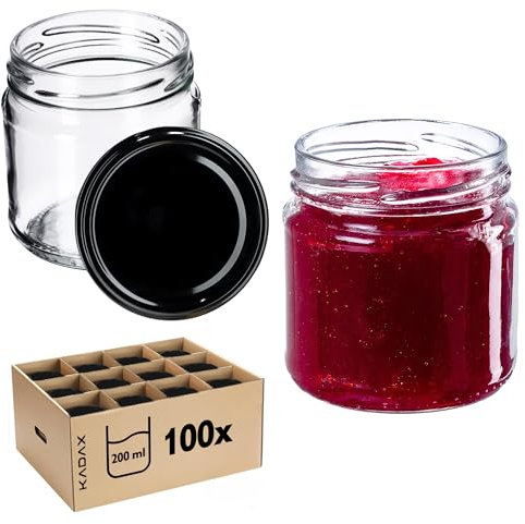 KADAX Petits pots de conserve 200 ml - Mini bocaux à confiture fi66 mm - Pour miel et épices - Bocaux en verre hermétiques - Verres ronds (100 pièces noir)