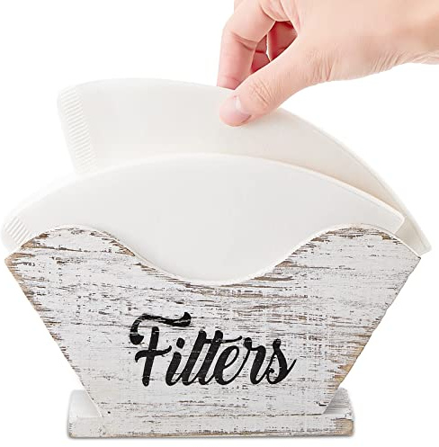 Juexica Farmhouse Cone Coffee Filter Holder Storage, White | Number 4 Rustic Wood Holder Organizer Counter Mount, For Square Cone Shaped Flat Bottomed Paper, For Home Kitchen Wedding