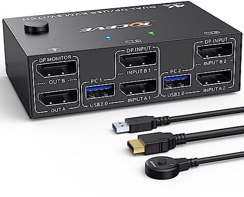KVM Switch 2 PC 2 Monitore 8K@30Hz 4K@144Hz, Dual Monitor KVM Switch DisplayPort für 2 PC Teilen 2 Monitors und 4 USB3.0-Geräte, Support Extended & Copy Mode, mit DP+USB-Kabel und Desktop Controller