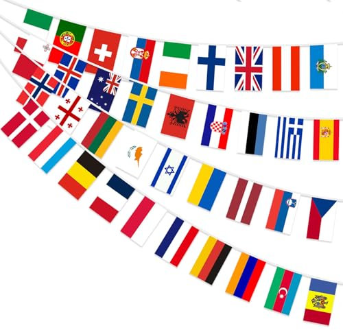 AhfuLife Eurovision Europäische Flagge Wimpelkette, 37 Länder Doppelseitige Stoff-Wimpelkette Europäische Flagge Bunting für Eurovision 2025 Song Contest Party Bar Club Garten Straße Deko(1 Stück)