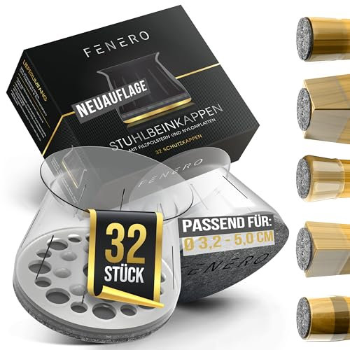 Stuhlbeinkappen [32 St.] - NEUAUFLAGE - Stuhlbeinschoner mit integrierter Nylonplatte - Schutzkappen für Stuhlbeine mit dickem Filzgleiter für Stühle - [passend: Ø32-50mm]