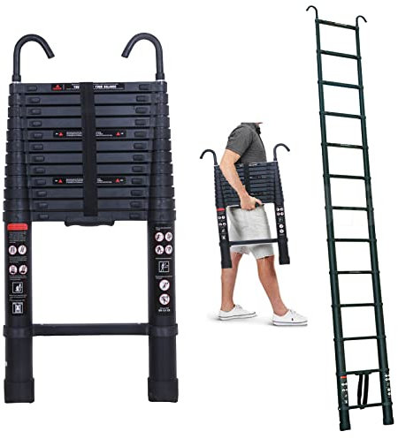 Telescopic Ladder 12FT Telescopic Extendable Ladder for Roof Working, Roof Camper, Rv, Aluminum Multi-Purpose Collapsible Ladder with Ladder Roof Hooks (2.8), Attic Ladder 330 Lb Capacity, EN131