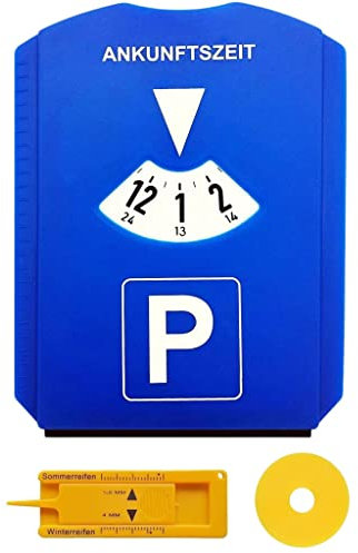 FLY DESIGN Parkscheibe für Auto und LKW mit Eiskratzer, Gummilippe, Einkaufswagenchip, Reifenprofilmesser | Parking Disc aus Kunststoff