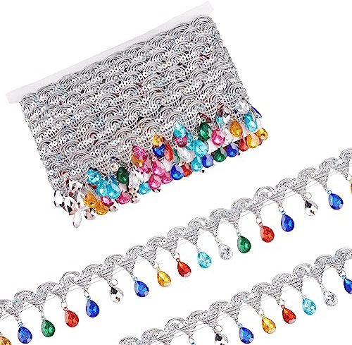 FINGERINSPIRE 9m hängende Perlen Fransen Spitze 48,5mm breit Strass geflochtene Bänder Silber Pailletten Band mit bunten Strass Fransen Trim Polyester nähen Fransen Quaste Trim für DIY
