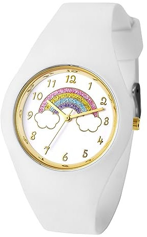 JewelryWe Kinderuhr Regenbogen Silikon Armbanduhr - Regenbogen Wolken 30m wasserdichte Analog Quarz Armbanduhr Junge Mädchen Uhr Lernuhr mit Weiß Silikon Armband für Kinder Jugendliche Studenten
