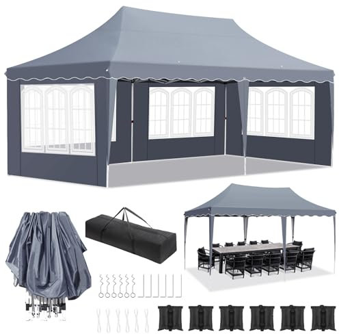 Pavillon 3x6 M, Faltpavillon3x6 Wasserdicht Stabil, mit 6 Sandsäcke 6 PCS Seitenwänden, UV Schutz 50+ Gartenpavillon mit 12 Erdhaken 6 Seile, Partyzelt für Camping Hochzeiten Markt, Grau
