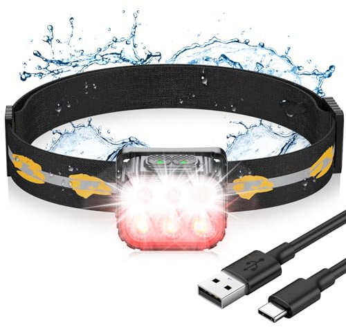 EOIWUY Torcia Frontale LED Ricaricabile, Lampada Frontale Potente Impermeabile IP65 con Luce Rossa, 6 Modalità & Durata Batteria 36H Luce Torcia Testa