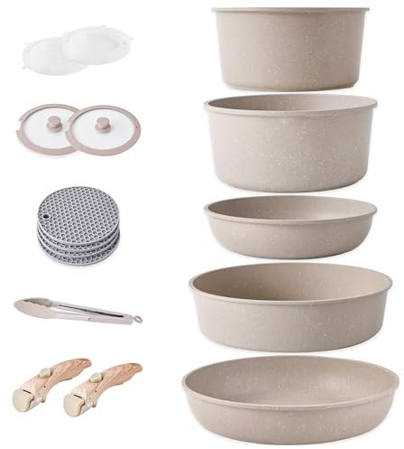 RIOVARM Induktion Töpfe und Pfannen Set mit abnehmbaren Griffen, Antihaft Granit Stapelbar Kochgeschirr-Set mit Silikon Deckeln, Platzsparend Topf- & Pfannensets ohne PFOA, Bratpfanne, Casseroles