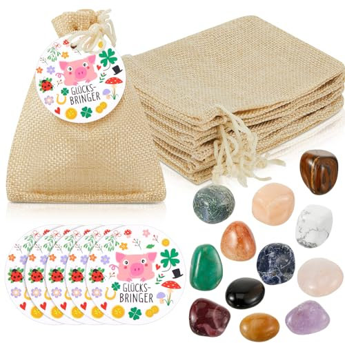 Otuuz 12 Stück Glückssteine für Kinder mit Jutesäckchen Bunte Glücksbringer Steine Magische Steine Party Mitgebsel für Tier Geburtstag Silvester Kinder Kleinigkeiten Geschenke (Glücksschwein)