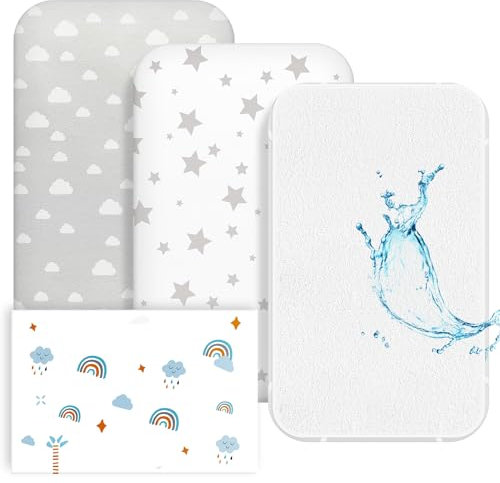 NesriToy Baby Spannbettlaken 81x 41cm, 2 X Bettlaken Kinderbett Oeko-Tex Standard 100, 1 X Matratzenschoner aus 100% wasserdichtem, 3er Set Spannbetttuch für Babybett(Wolken + Sterne)