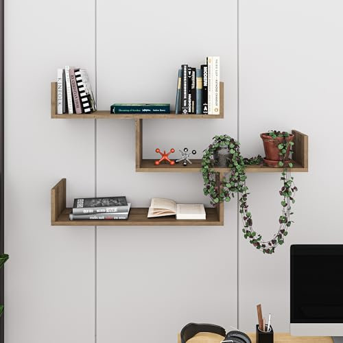 HOCUS PICUS | Wandregal mit 3 Ebenen | Modernes Holz-Bücherregal für Wohnzimmer, Schlafzimmer, Büro | 120x23x66 cm Dunkel Eicheneffekt