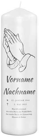 PhotoFancy® - Personalisierte Trauerkerze - Fotokerze mit eigenem Foto/Text bedrucken lassen - Kerze mit Design: Betende Hände - 29 cm Höhe