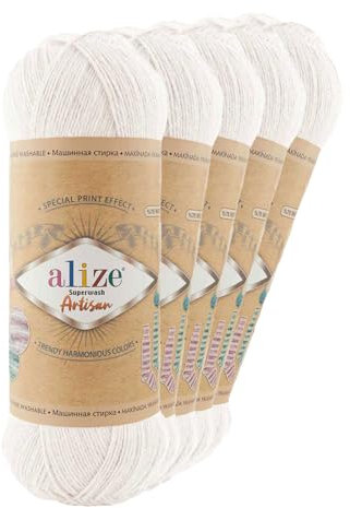 5 x 100g Sockenwolle Alize Superwash Artisan 75% Wolle Strickwolle Häkelgarn Farbwahl, Farbe:55 weiß