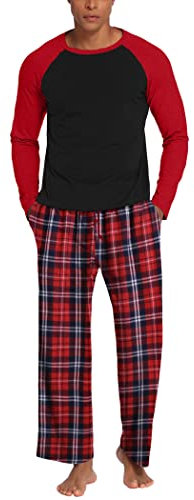 Ekouaer Pyjama Homme Hiver pour Manches Longues et Pantalon Long Confortable, Rouge à Carreaux, M