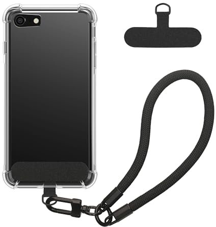kwmobile Smartphone Case Compatible with Apple iPhone SE (2022/2020) / iPhone 8/7 Case - Crystal Clear TPU Phone Case - Wrist Strap - Transparent/Black