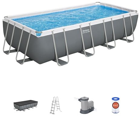 Bestway Power Steel Swimming Pool Complete Set | Above Ground Rectangle Paddling Pool, 18' x 9’, Grey