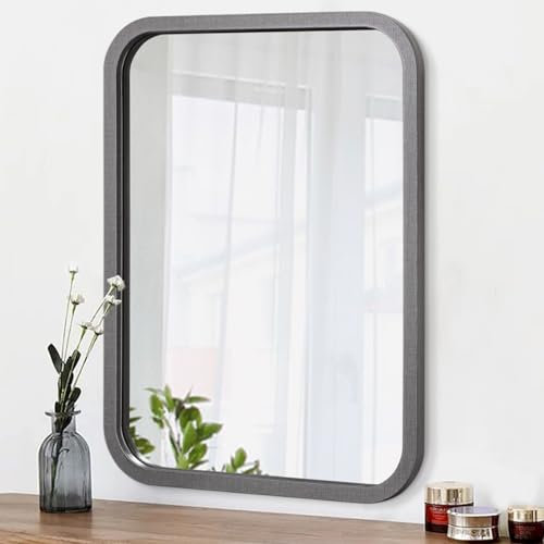 AOAOPQ Specchio rettangolare da parete per bagno con cornice angolare arrotondata, specchio da parete per camera da letto, soggiorno, ingresso, orizzontale, verticale, rustico, grigio