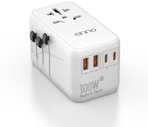 EINNO International Travel Adapter 100W, Universal for EU, USA, UK, Australia - Worldwide Plug Adapter With 2 USB-C and 2 USB-A